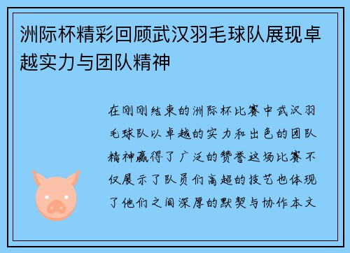 洲际杯精彩回顾武汉羽毛球队展现卓越实力与团队精神